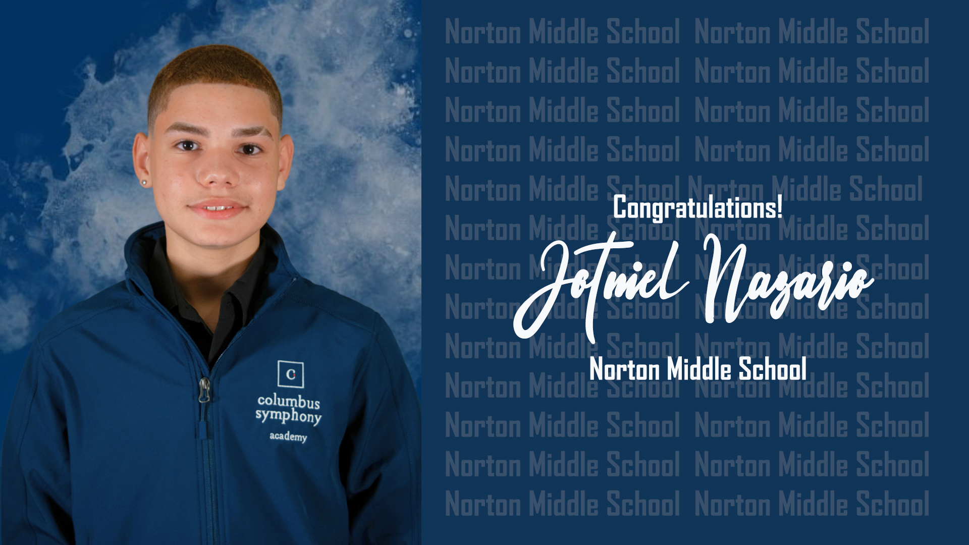 Norton Middle School (NMS) eighth grader Jotniel Nazario has been named to the prestigious Academy Program of the Columbus Symphony Orchestra as a concert bass instrumentalist.