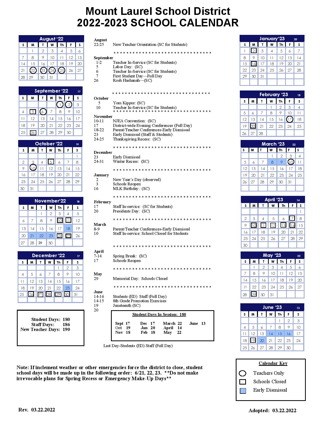 Mount Laurel Schools Calendar 2022 and 2023