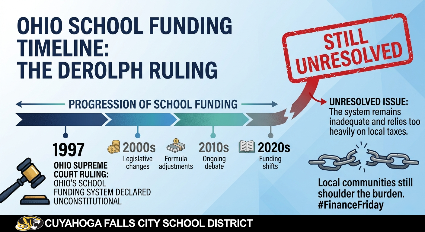 An infographic that shows a timeline of Ohio's school funding from the DeRolph ruling in 1997, and shows that the funding from this court case is still unresolved.